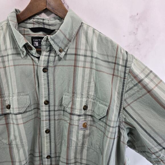 Carhartt Shirt Mens Large Green Short Sleeve Button Up Plaid Collared Loose Fit - Picture 10 of 11